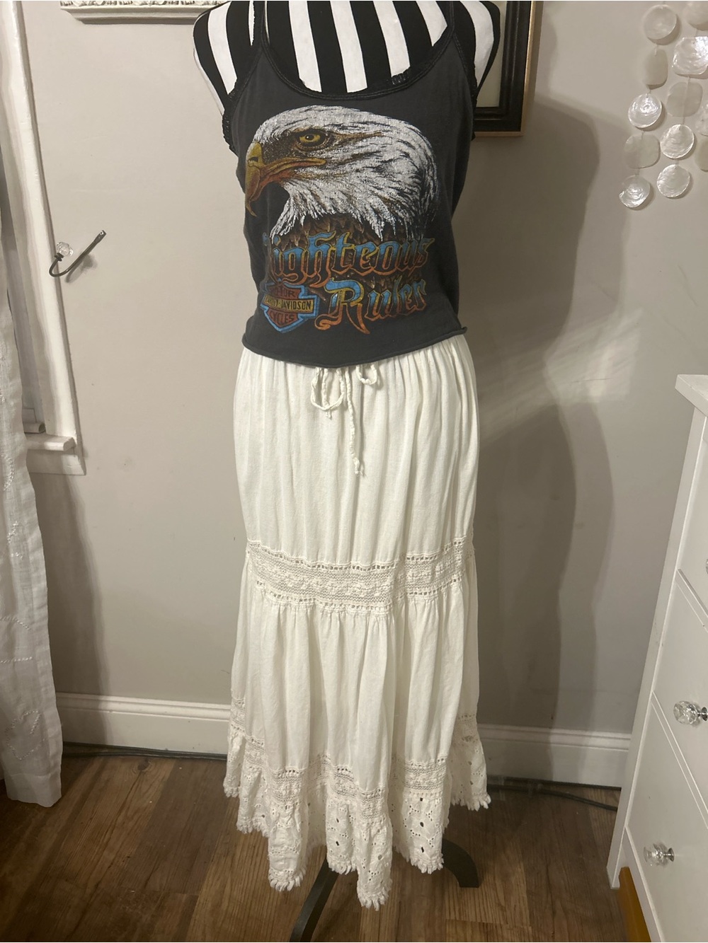 Deja Bleu Bohemian cottagecore Crochet Trim Maxi Skirt in Cream